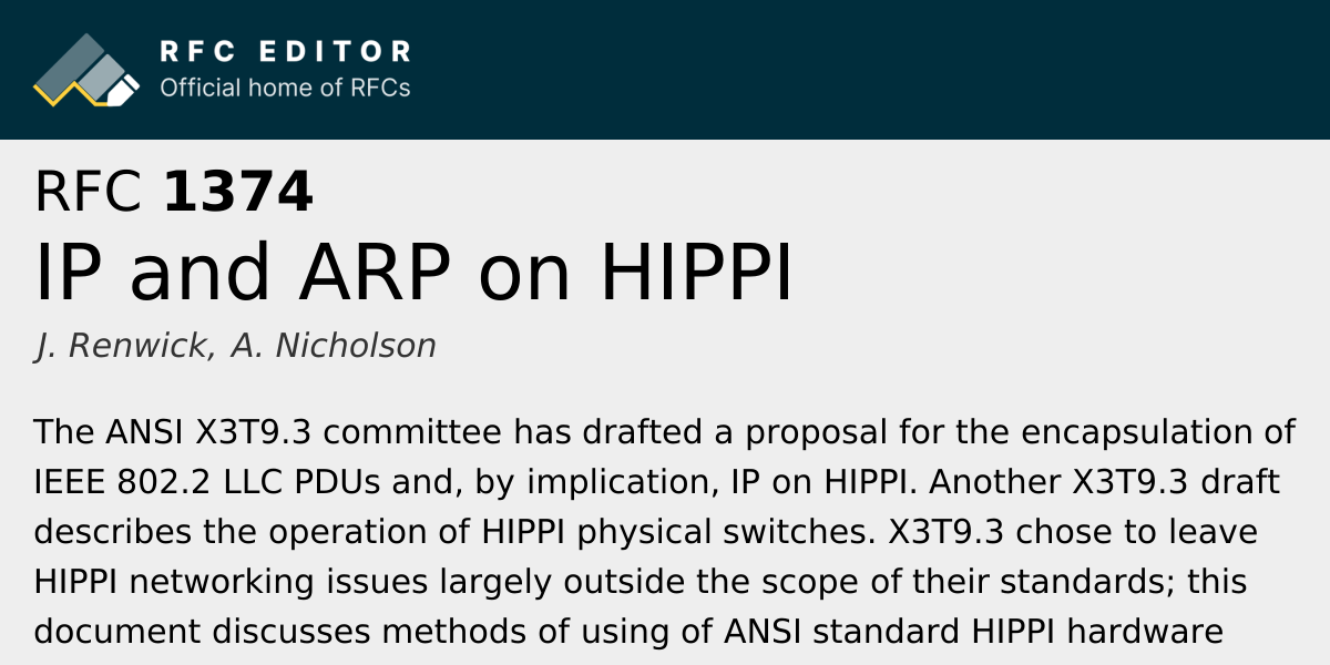 RFC 1374: IP and ARP on HIPPI | RFC Editor
