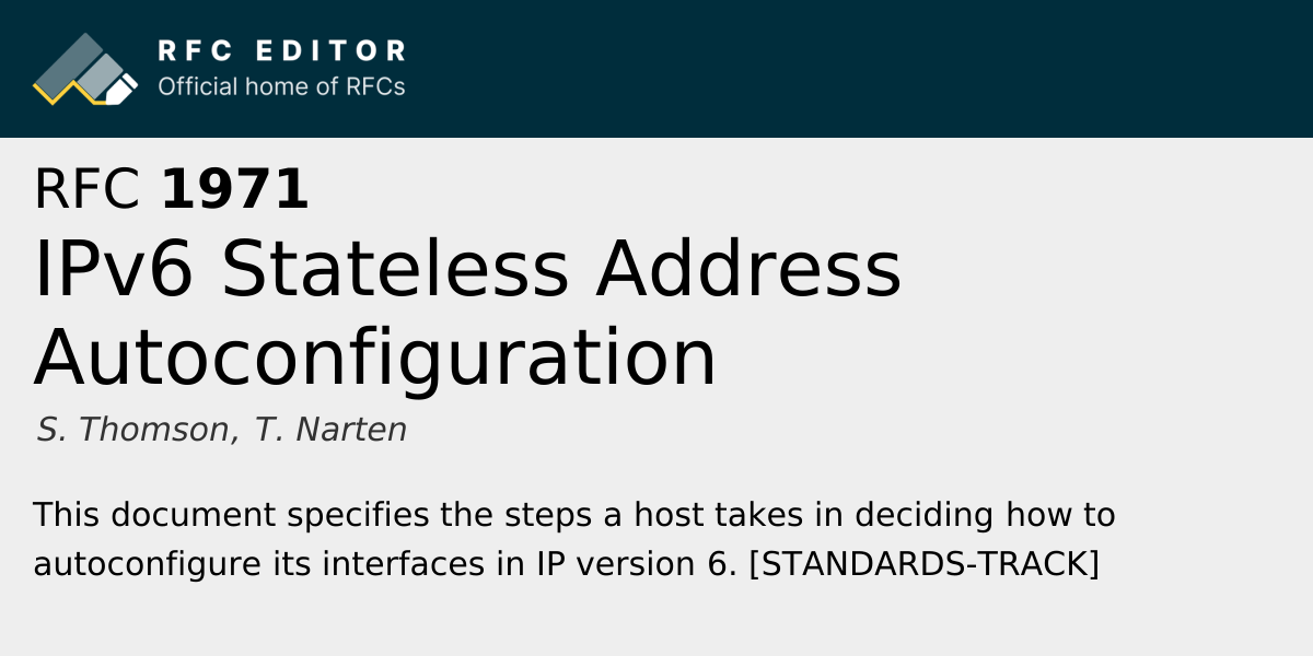 RFC 1971: IPv6 Stateless Address Autoconfiguration | RFC Editor