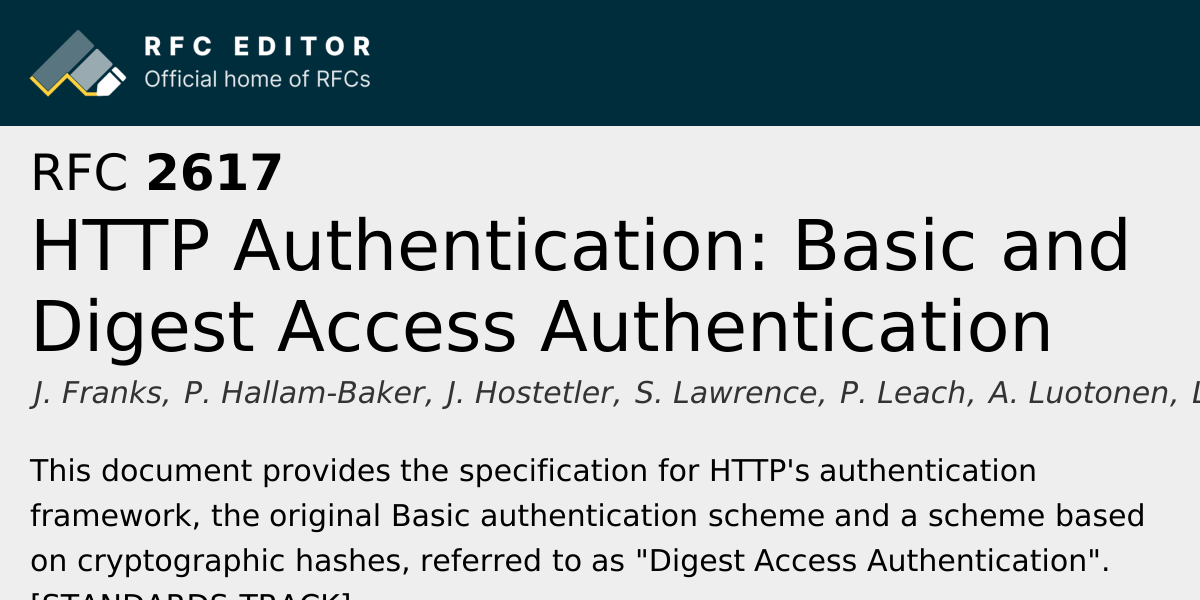 RFC 2617: HTTP Authentication: Basic and Digest Access Authentication ...