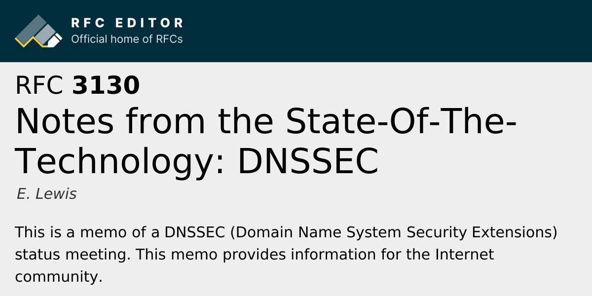 RFC 3130: Notes from the State-Of-The-Technology: DNSSEC | RFC Editor