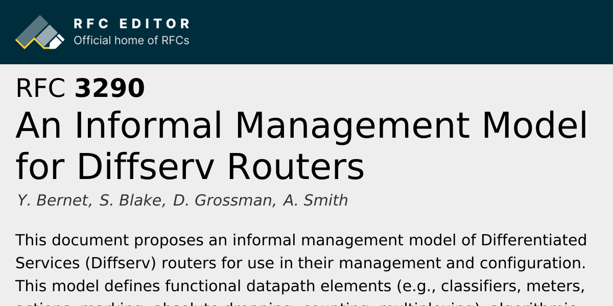 RFC 3290: An Informal Management Model for Diffserv Routers | RFC Editor