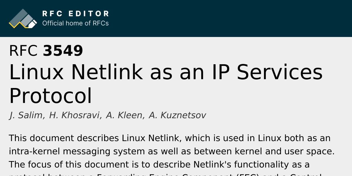 RFC 3549: Linux Netlink as an IP Services Protocol | RFC Editor