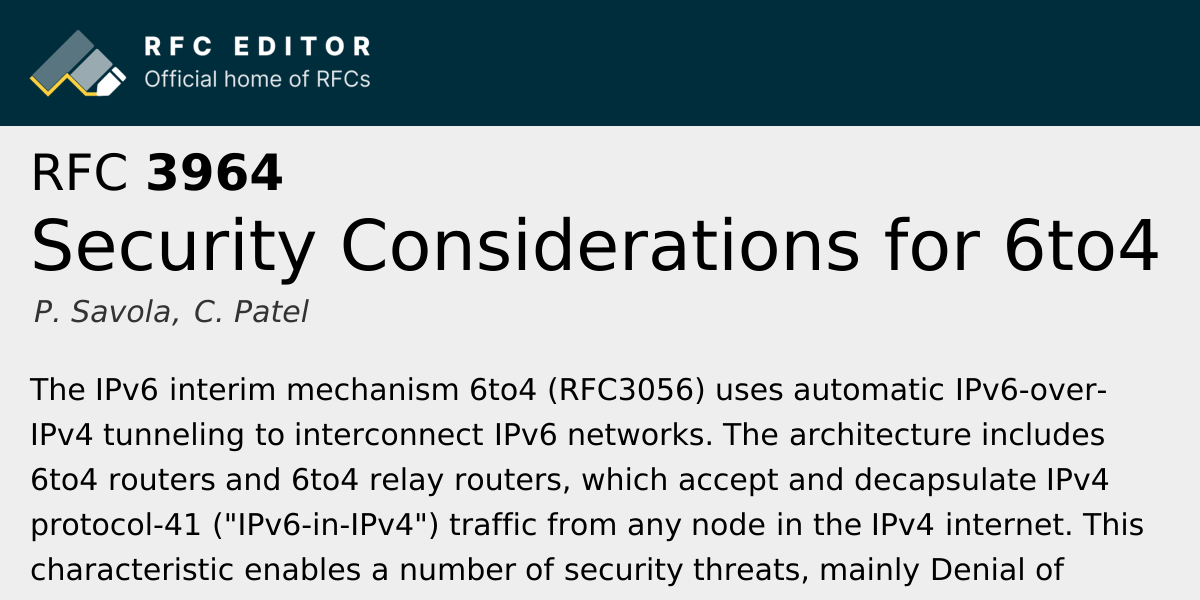 RFC 3964: Security Considerations for 6to4 | RFC Editor