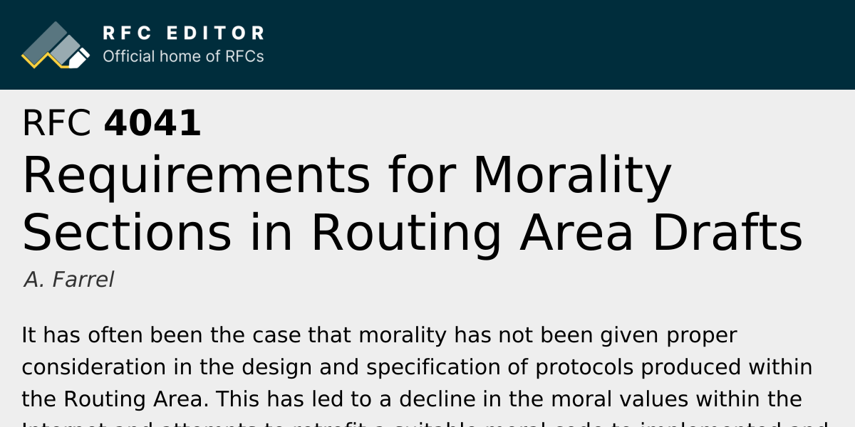 RFC 4041: Requirements for Morality Sections in Routing Area Drafts | RFC Editor