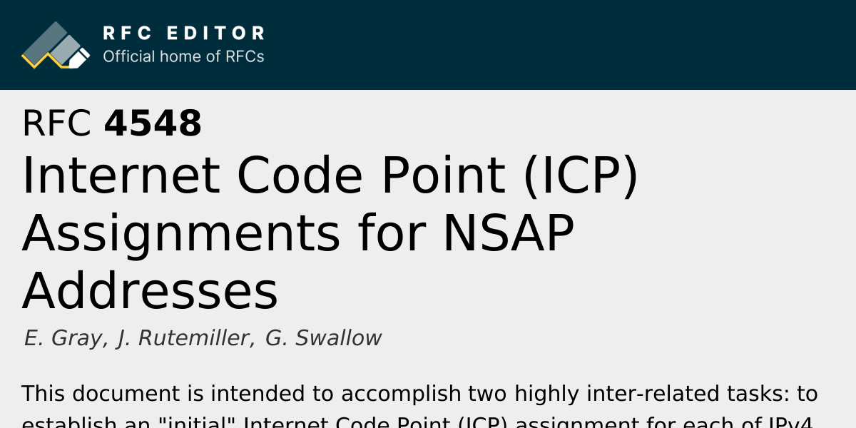 RFC 4548: Internet Code Point (ICP) Assignments for NSAP Addresses ...