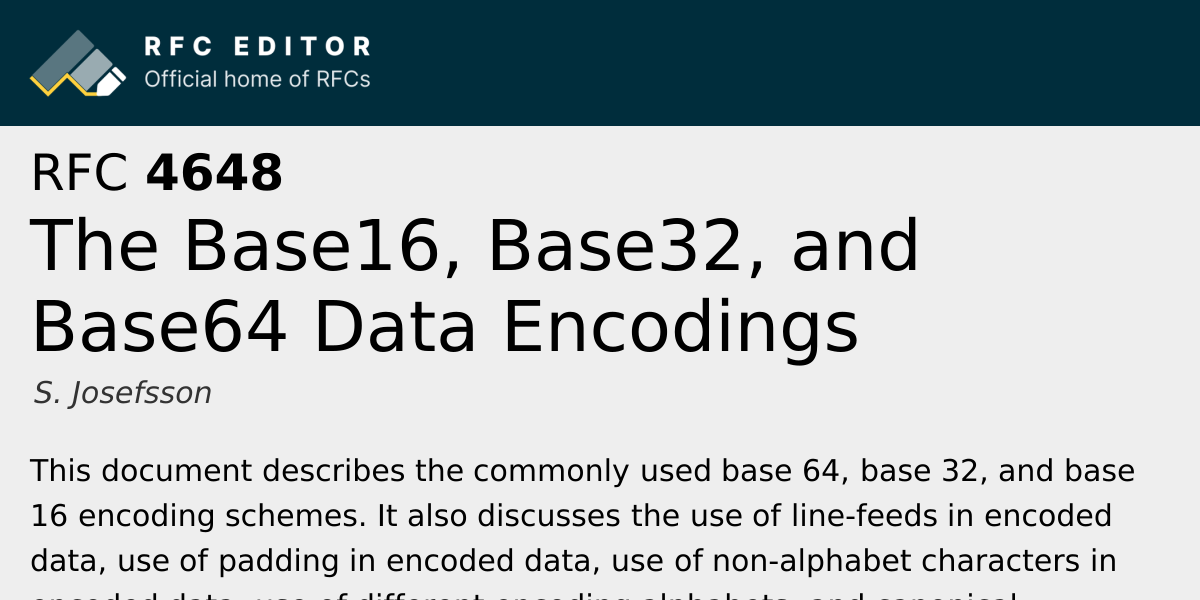 RFC 4648: The Base16, Base32, and Base64 Data Encodings | RFC Editor