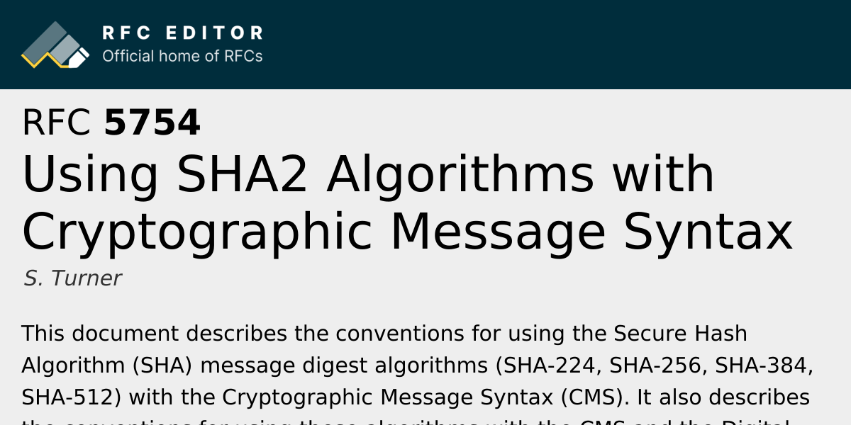 RFC 5754: Using SHA2 Algorithms with Cryptographic Message Syntax | RFC ...