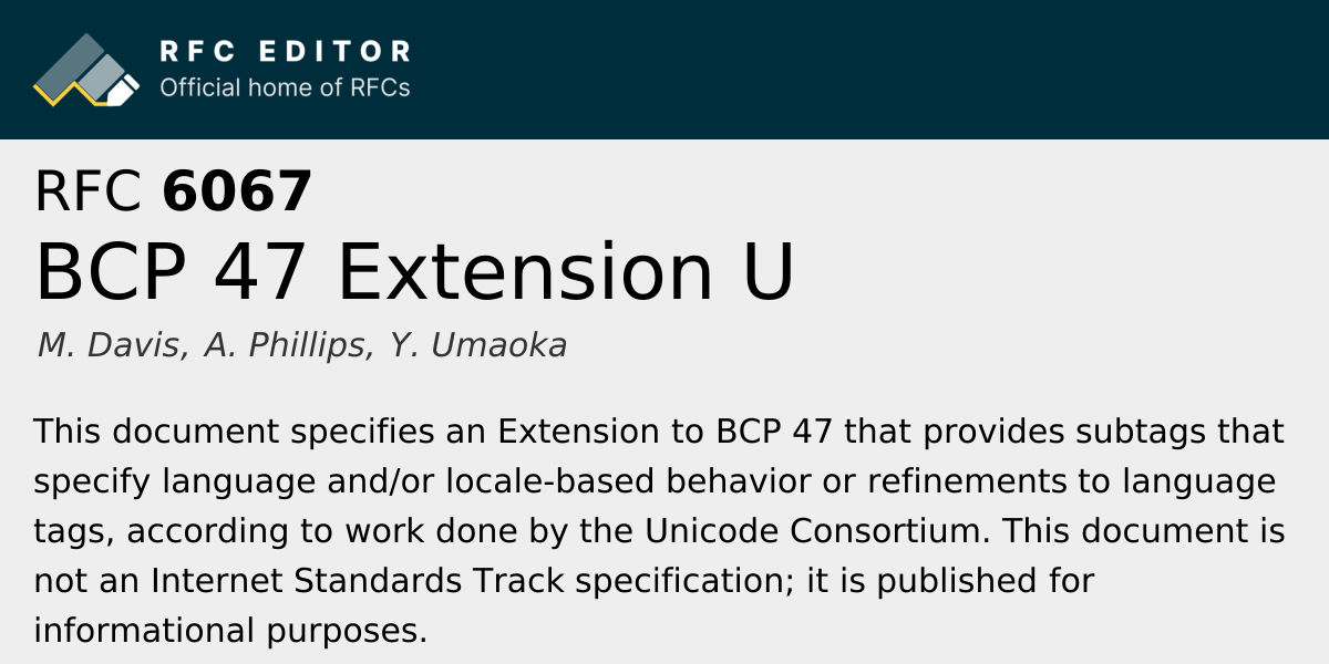RFC 6067: BCP 47 Extension U | RFC Editor