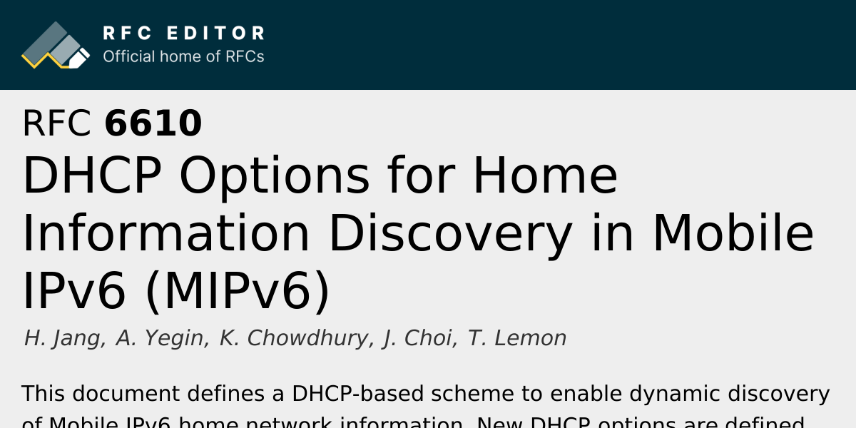 RFC 6610: DHCP Options for Home Information Discovery in Mobile IPv6 ...