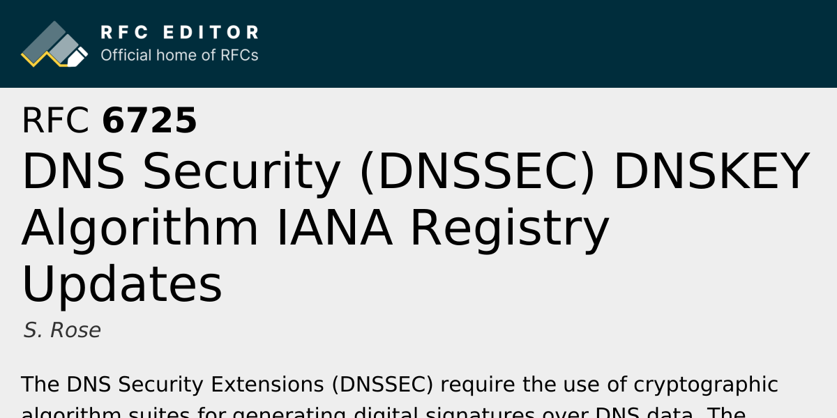 RFC 6725: DNS Security (DNSSEC) DNSKEY Algorithm IANA Registry Updates ...