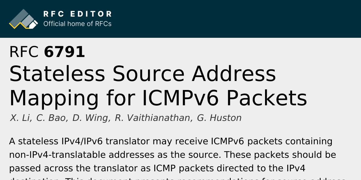 RFC 6791: Stateless Source Address Mapping for ICMPv6 Packets | RFC Editor
