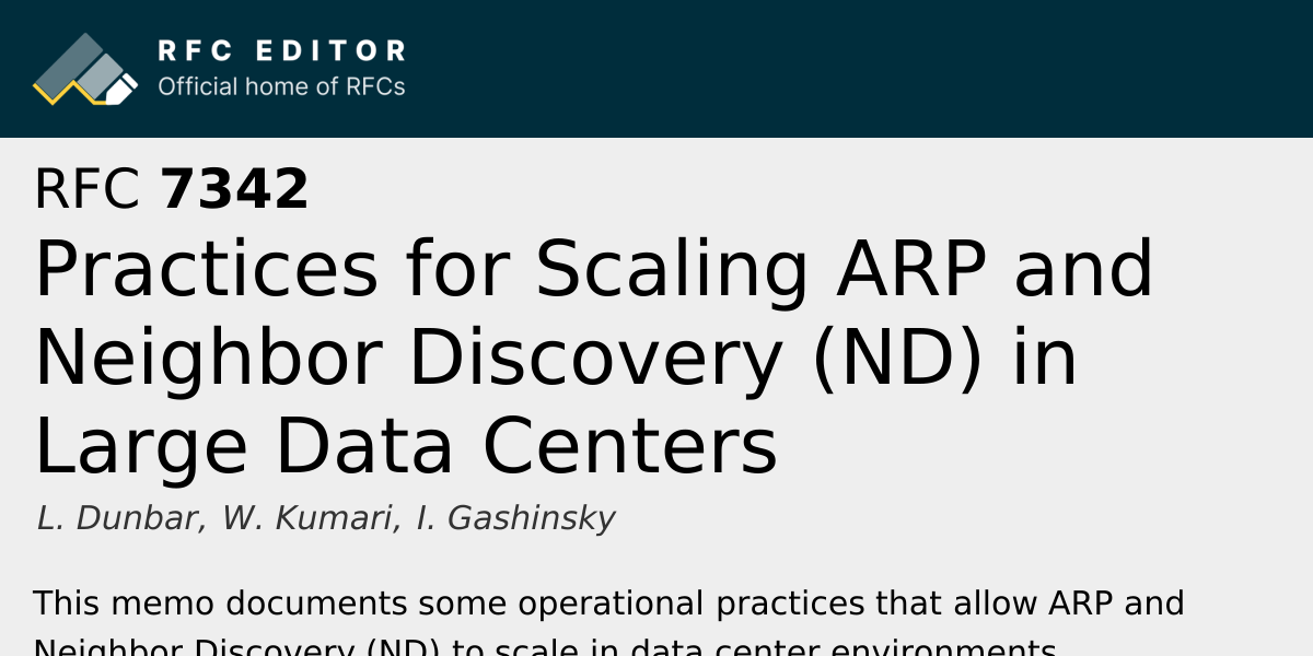 RFC 7342: Practices for Scaling ARP and Neighbor Discovery (ND) in ...