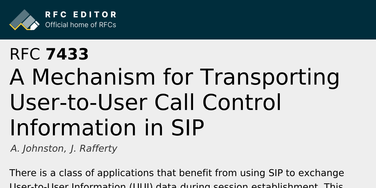 RFC 7433: A Mechanism for Transporting User-to-User Call Control ...