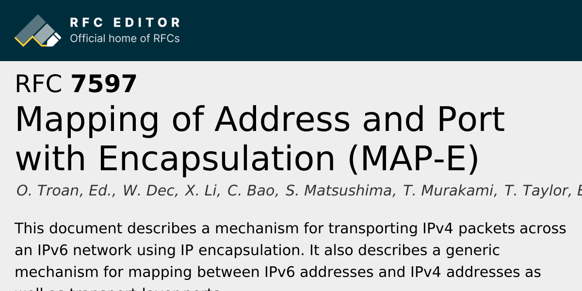RFC 7597: Mapping of Address and Port with Encapsulation (MAP-E) | RFC ...
