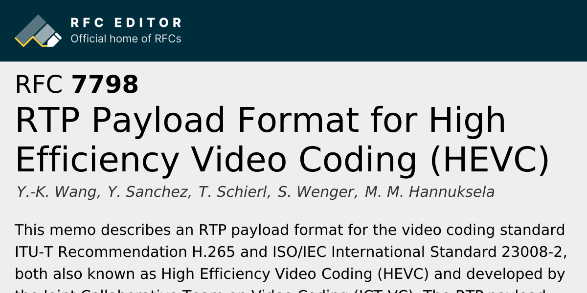 RFC 7798: RTP Payload Format for High Efficiency Video Coding (HEVC ...
