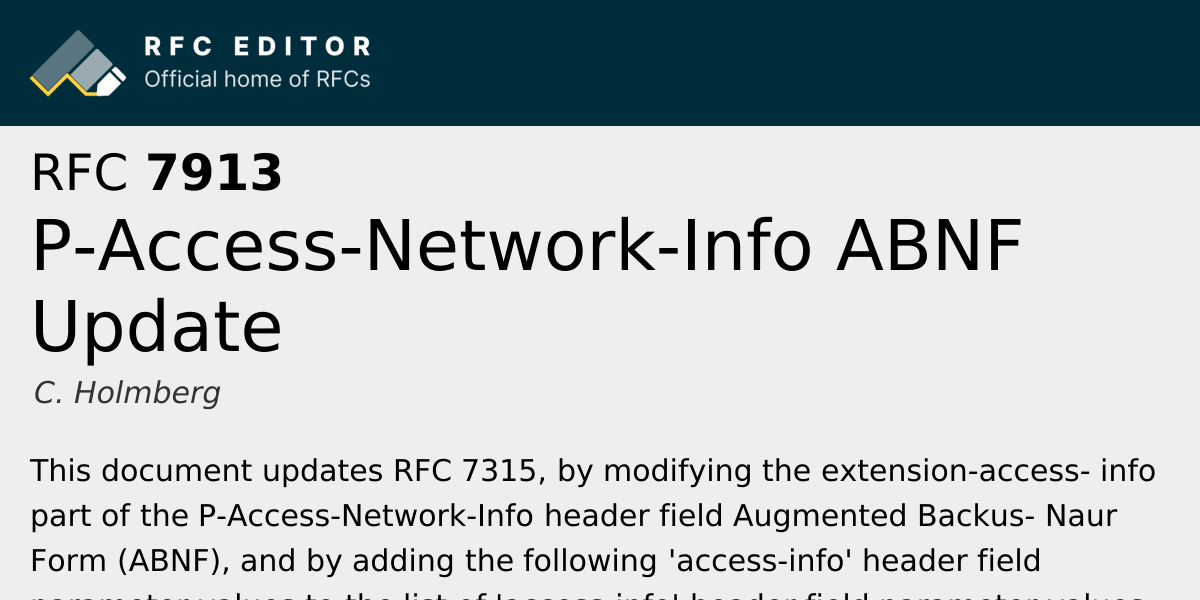 RFC 7913: P-Access-Network-Info ABNF Update | RFC Editor