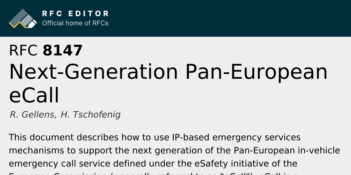 RFC 8147: Next-Generation Pan-European eCall | RFC Editor