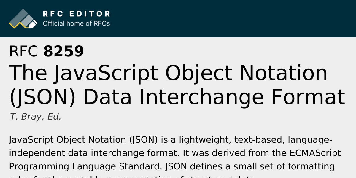 RFC 8259: The JavaScript Object Notation (JSON) Data Interchange Format ...