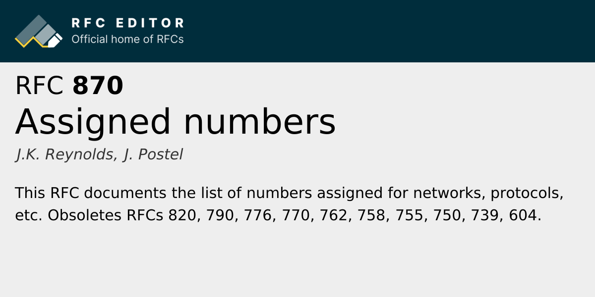 RFC 870: Assigned numbers | RFC Editor