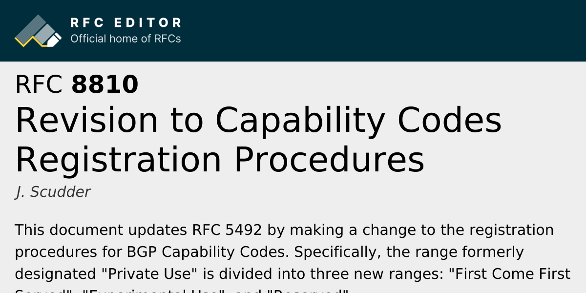 RFC 8810: Revision to Capability Codes Registration Procedures | RFC Editor
