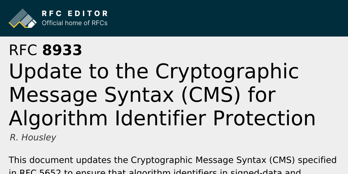 RFC 8933: Update to the Cryptographic Message Syntax (CMS) for ...