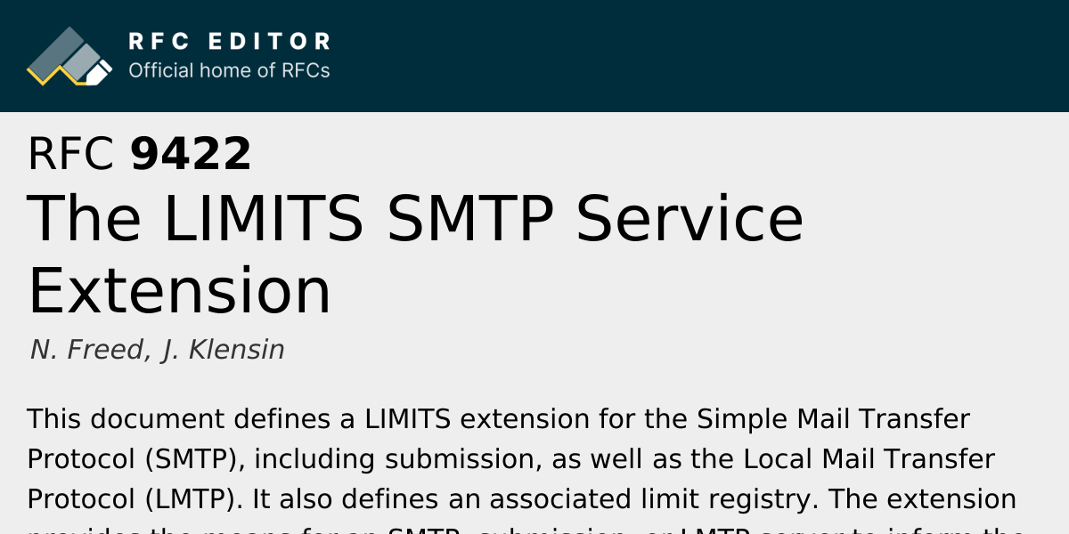 RFC 9422: The LIMITS SMTP Service Extension | RFC Editor