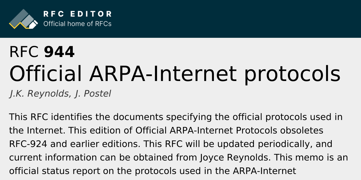 RFC 944: Official ARPA-Internet protocols | RFC Editor
