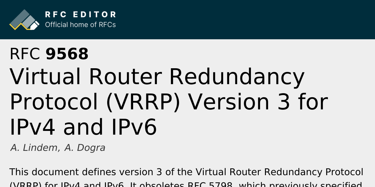 RFC 9568: Virtual Router Redundancy Protocol (VRRP) Version 3 for IPv4 ...
