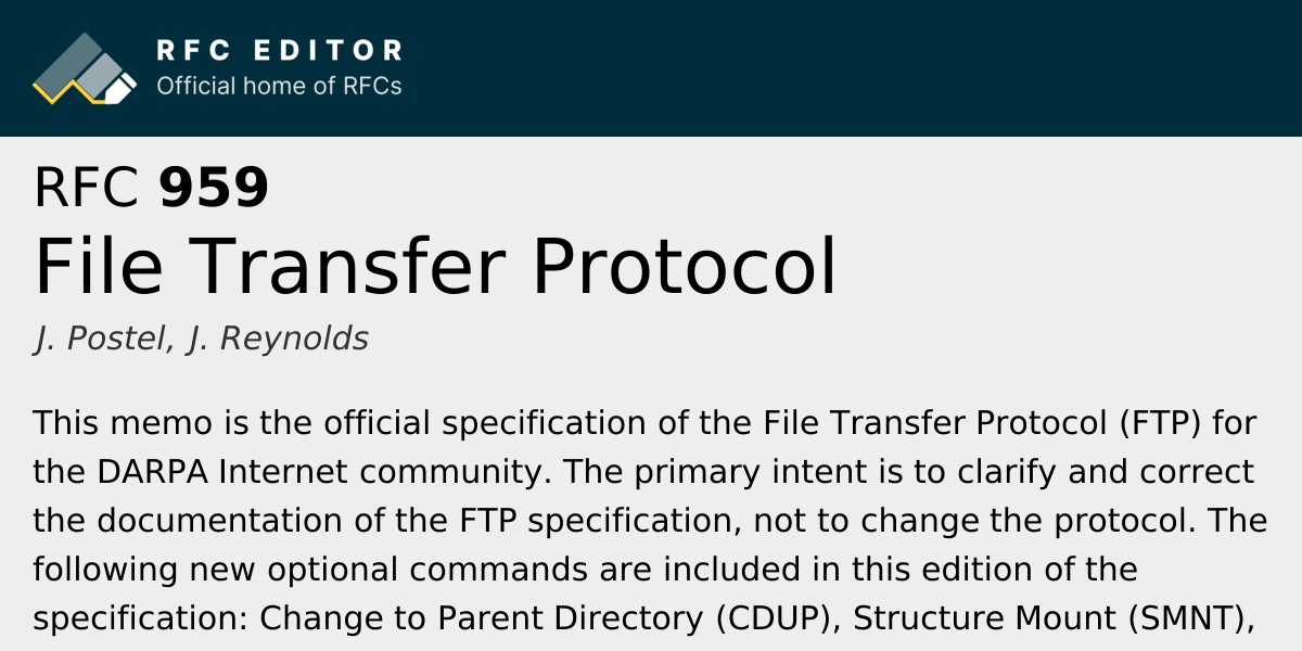 RFC 959: File Transfer Protocol | RFC Editor