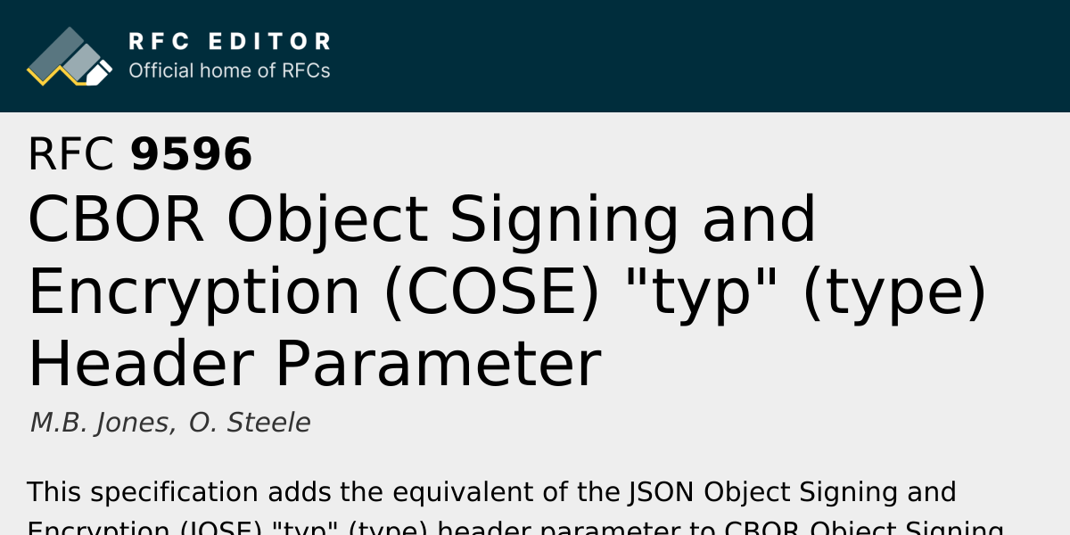 RFC 9596: CBOR Object Signing and Encryption (COSE) 
