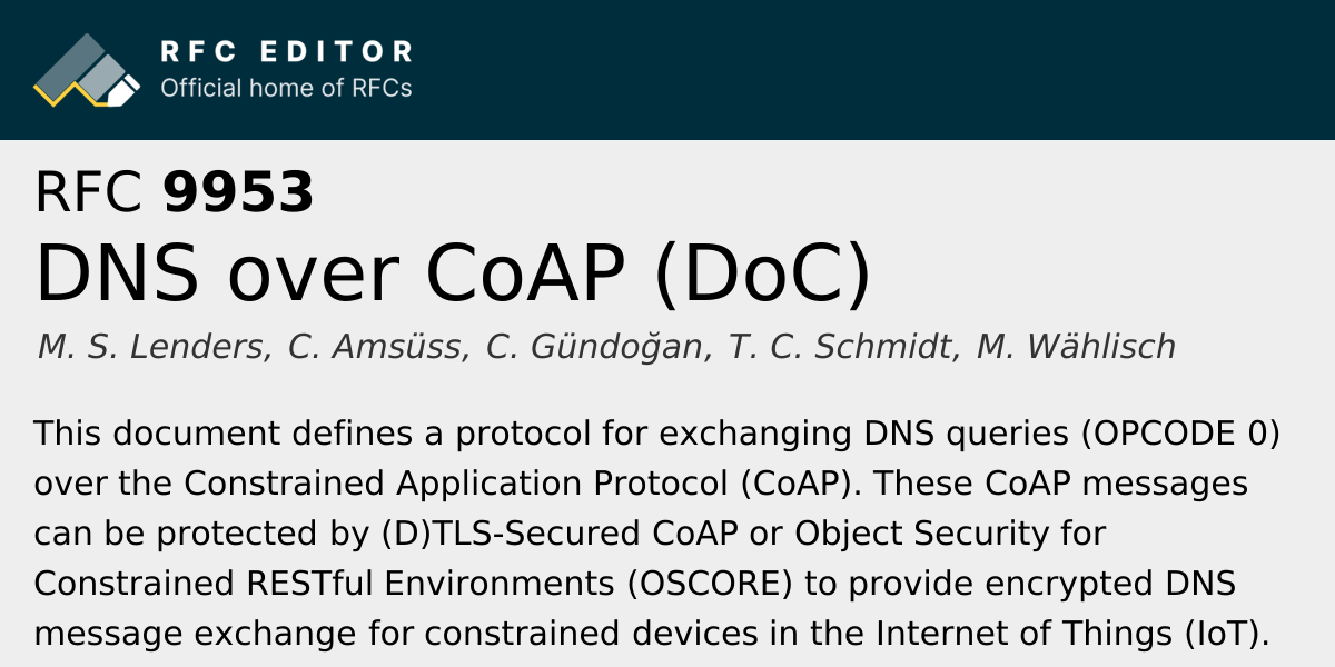 RFC 9953: DNS over CoAP (DoC) | RFC Editor