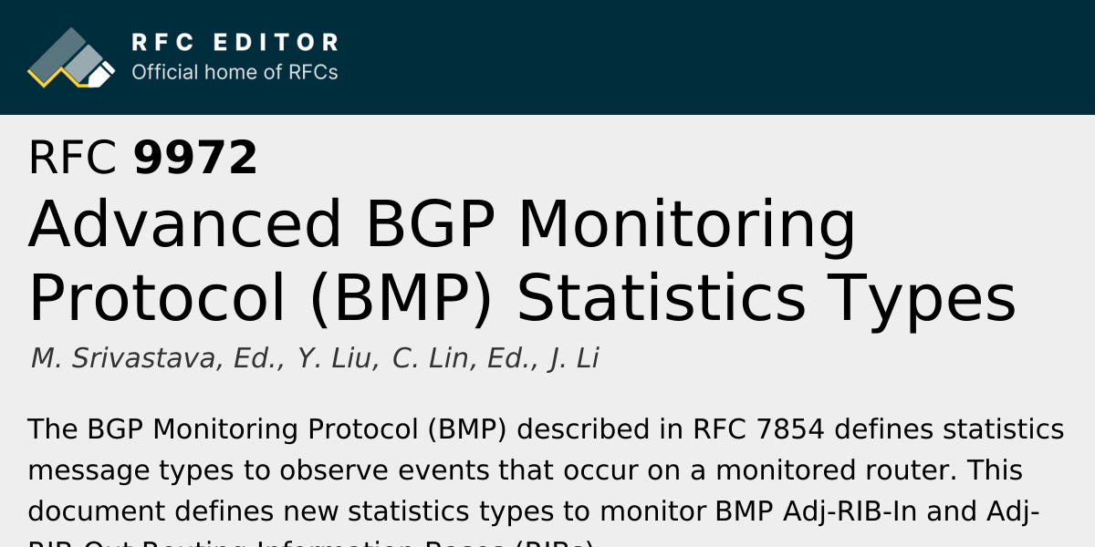 RFC 9972: Advanced BGP Monitoring Protocol (BMP) Statistics Types | RFC ...
