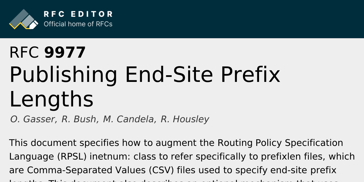RFC 9977: Publishing End-Site Prefix Lengths | RFC Editor