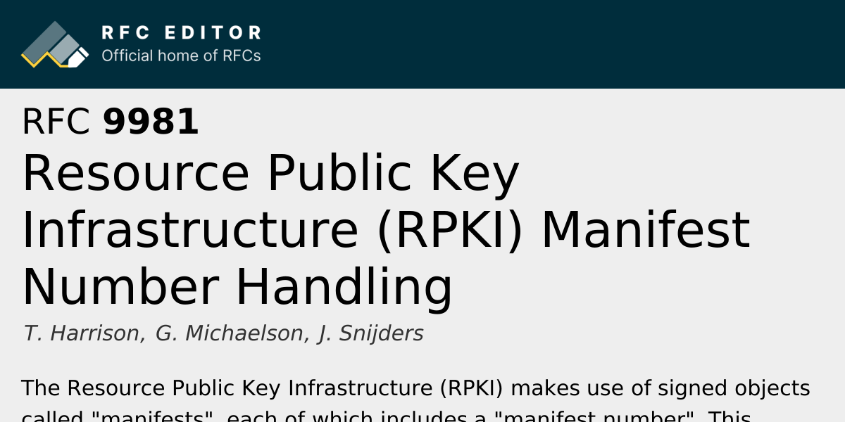 RFC 9981: Resource Public Key Infrastructure (RPKI) Manifest Number ...